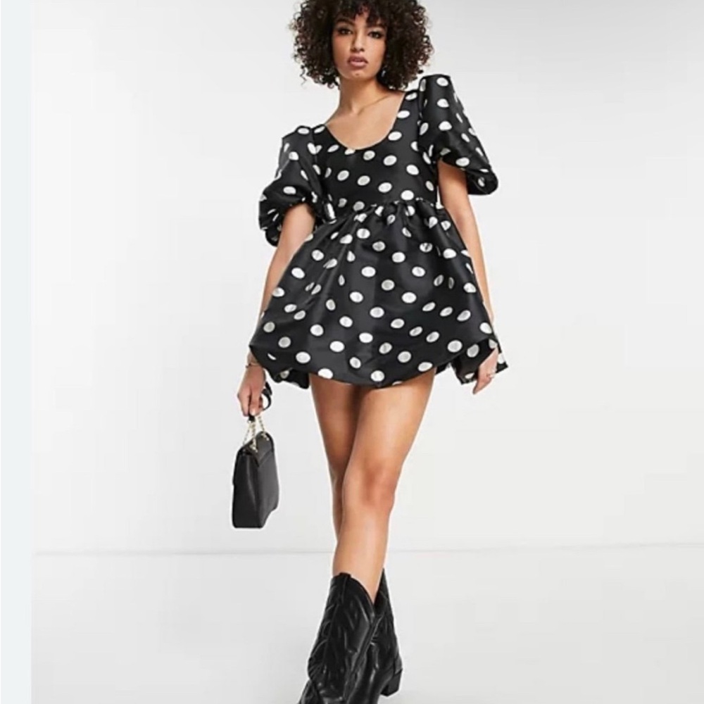 Sister Jane Black and White Polka Dot Puff Sleeve Show Time Mini Dress
